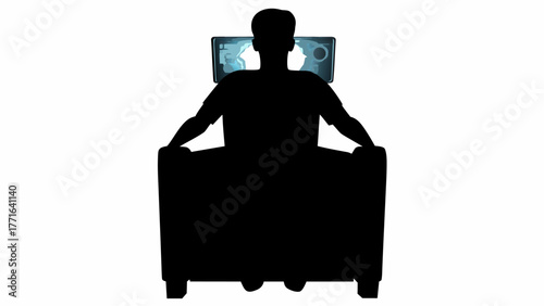 Silhouette of person watching futuristic screen from cozy armchair, technology immersion concept