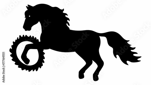 Majestic black horse silhouette rearing with a dynamic gear element
