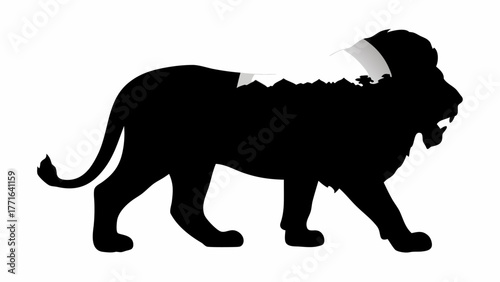 Majestic lion silhouette reveals inner mountain landscape, symbolizing power and nature's wild spirit