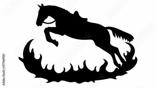 Powerful silhouette of a horse and rider leaping over fiery obstacle in dynamic action