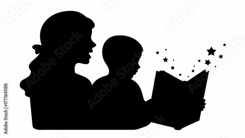 Mother reads magical storybook to child, igniting imagination with sparkling stars