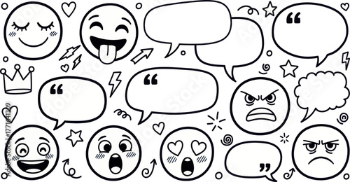 Collection of handdrawn emoji faces and speech bubbles with various expressions and emotions