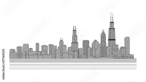 Chicago Cityscape Silhouette: A minimalist, artistic monochrome illustration, showcasing the iconic skyscrapers that define Chicago's architectural grandeur. Emphasizing the city's skyline.