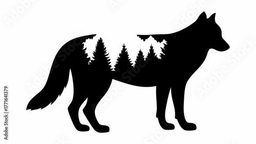 Majestic wolf silhouette filled with a serene forest landscape and mountain peaks