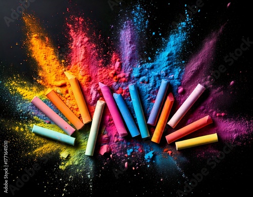 Vibrant chalk pastels exploding with color on black background 