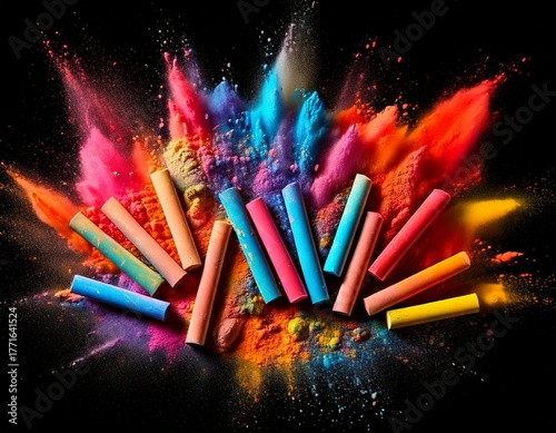 Vibrant chalk pastels exploding with color on black background 