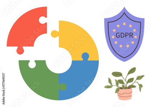 Circular puzzle in four colors, shield with GDPR text, and potted plant combining data privacy and ethical growth. Ideal for corporate compliance, privacy legislation, teamwork, security