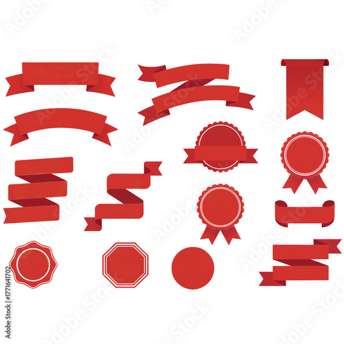 Set of red ribbons and badges design elements for decorative graphic projects