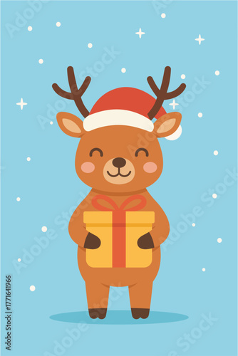 Cute Christmas Reindeer Holding Gift Box in Modern Flat Design