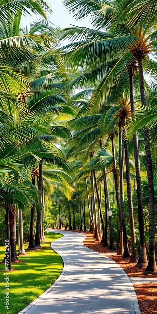 Obraz premium A winding path leads through a grove of tall coconut palm trees, creating an inviting tropical atmosphere, nature, grove