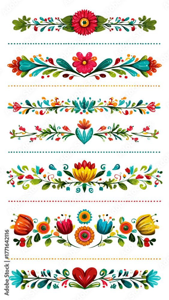 Fototapeta premium Hand-Drawn Floral Text Dividers Set in Mexican Folk Art Style