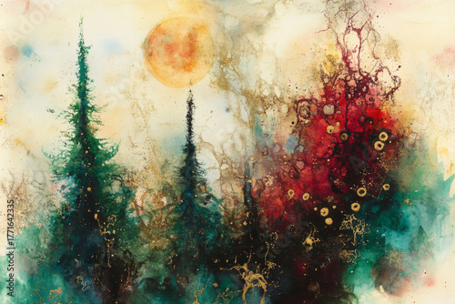 Christmas watercolor painting of a winter forest at sunset with red glow, green pines, and golden texture.