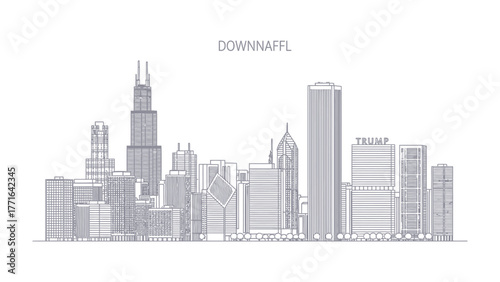 Downtown Skyline: A sleek and modern monochrome illustration of an urban cityscape, showcasing iconic architecture and representing the essence of a vibrant city.