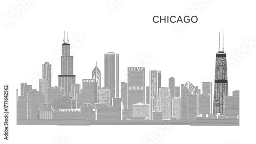 Chicago Skyline: A stark, linear representation of Chicago's architectural prowess, with towering skyscrapers and iconic structures etched against a clear sky, showcasing the city's urban grandeur.