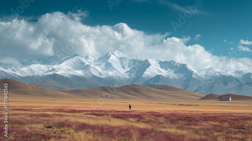 Snow-capped mountains in autumn, blue sky and white clouds