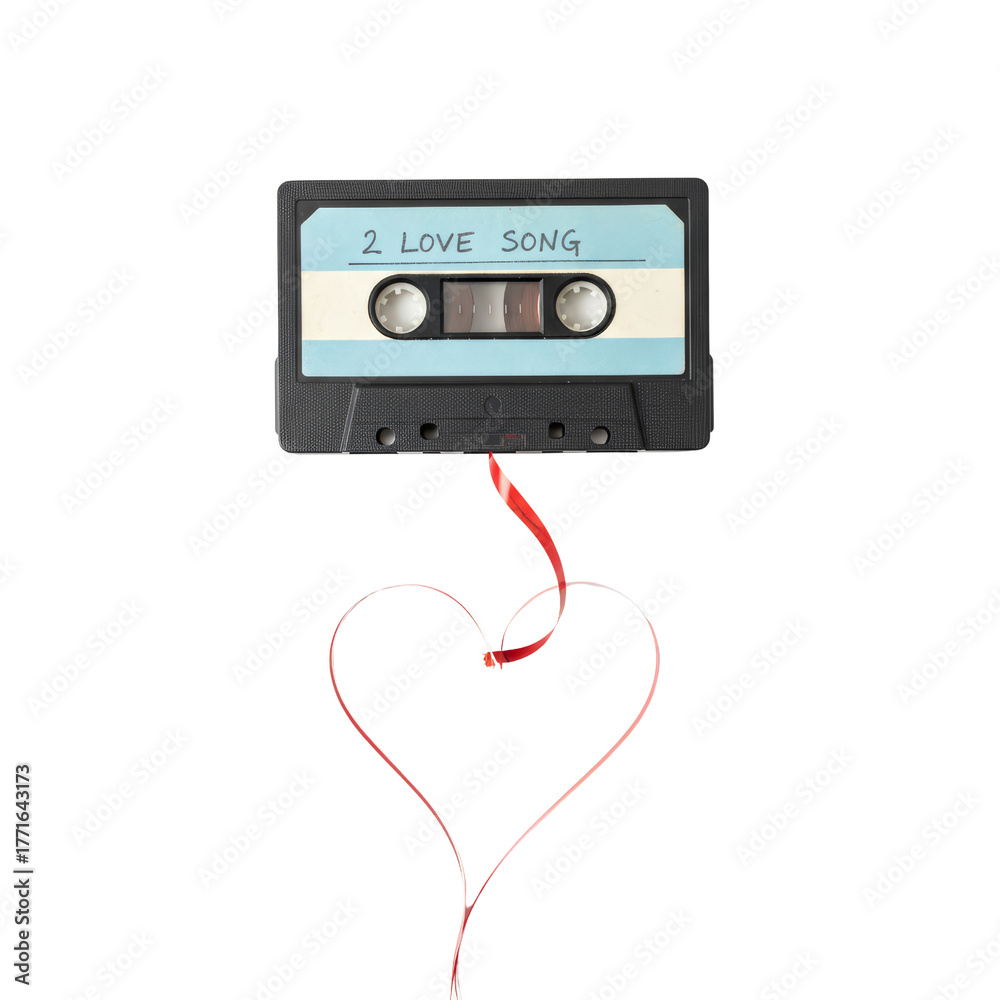 Fototapeta premium Retro audio cassette with heart shaped tape evoking nostalgic romantic feelings on transparent layer