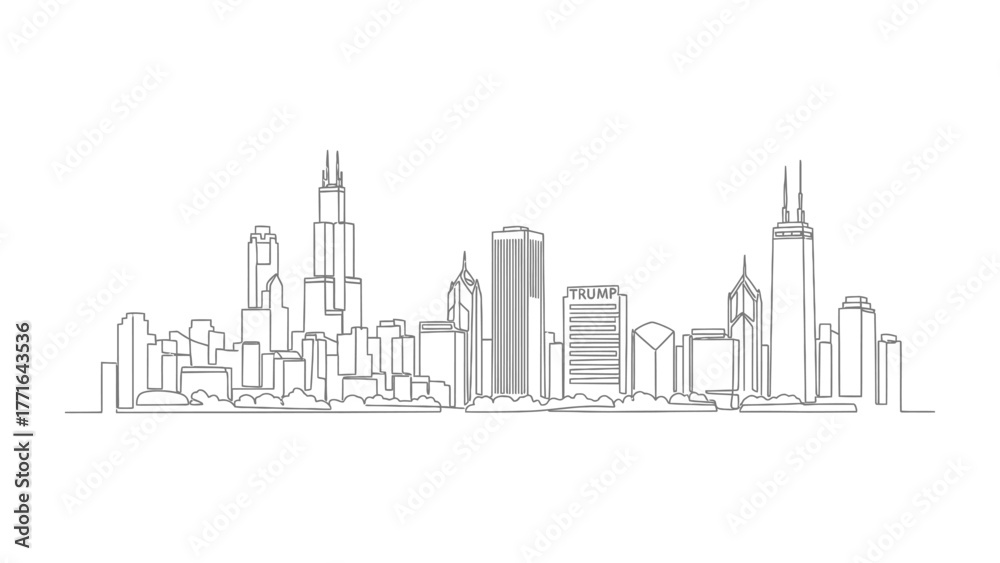 Obraz premium Cityscape Silhouette: A minimalist line drawing captures the essence of a modern urban skyline. With simple strokes, the artwork showcases towering skyscrapers, creating a sense of height and density.