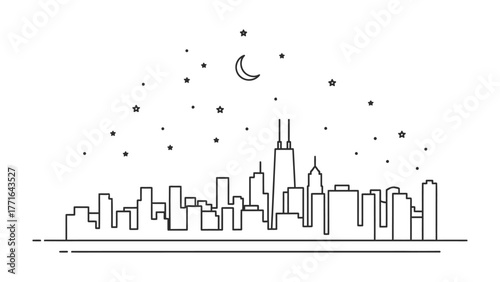City Skyline at Night: A minimalist line drawing depicts a cityscape under a starlit night, evoking a sense of tranquility and urban elegance.