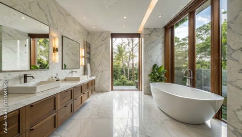 Luxury bathroom with marble finishes and modern fixtures.