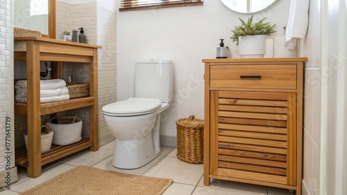 Modern bathroom featuring natural wood accents and clean decor.
