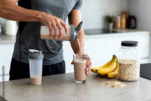 Fit man pouring protein shake after morning workout with bananas, oats, and whey powder jar, fitness nutrition and healthy lifestyle in natural light