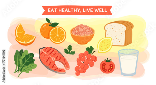 An appealing vector illustration showcases a diverse collection of nutritious whole foods, promoting a balanced diet and a healthy lifestyle.