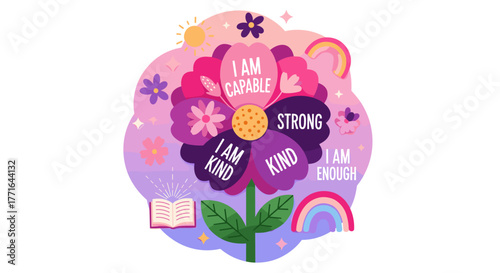 Vibrant digital illustration of a flower with empowering self-love affirmations, symbolizing personal growth, inner strength, and mental wellness.