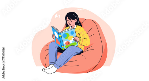 A young woman peacefully reads a colorful book while relaxing on a comfortable bean bag chair in a cozy, modern flat illustration.