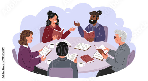 A diverse group of friends and adults engages in a lively book club discussion, sharing knowledge and fostering intellectual connection over literature and coffee.