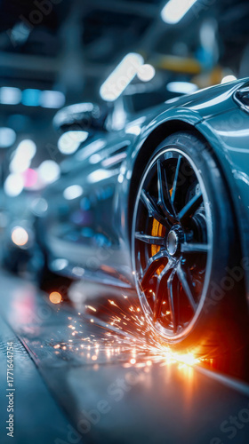 Close-up of a sleek blue sports car inside a workshop, symbolizing automotive maintenance, precision engineering, and modern design