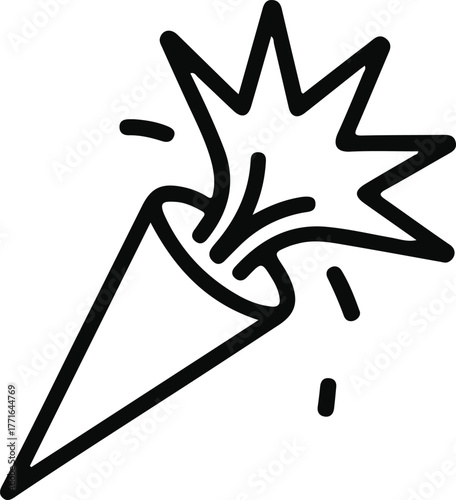 Simple line icon of party popper burst, Minimalist black line illustration of a party popper exploding with confetti, ideal for celebration, festive design, and event graphics.

