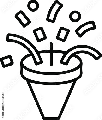 Party Popper Icon with Confetti Burst, Simple line-art illustration of a party popper releasing confetti, symbolizing celebration, joy, festivities, and special event announcements.

