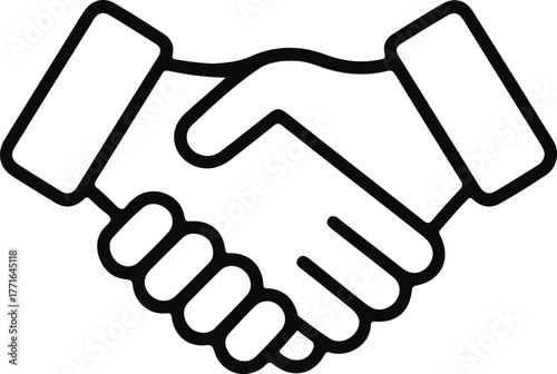 Handshake outline icon, Black outline of two hands shaking, symbolizing agreement, partnership, greeting, or cooperation. Commonly used to represent business deals, teamwork, or unity.

