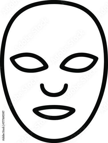 Masquerade face mask outline icon, Black outline of a full-face mask with cutouts for eyes, nose, and mouth. The image represents a masquerade, disguise, or theatrical mask often used in costume part

