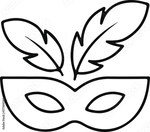 Masquerade mask with feathers icon, Black outline of a masquerade or carnival mask decorated with two feathers. The image represents costume parties, festivals, celebrations, or theatrical events.

