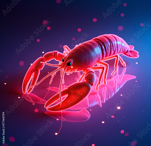 A bright, luminous red lobster stands on a reflective surface, creating a pinkish reflection of itself.