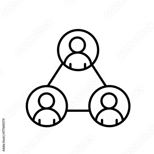A line icon of three people connected by lines in a triangle, symbolizing inclusion, collaboration and support