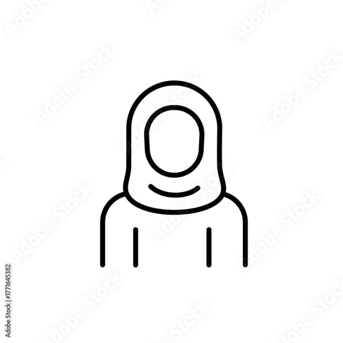 A line icon of a woman in a hijab, representing Muslim identity, cultural inclusion and religious diversity