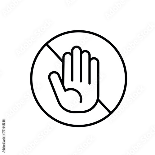 A line icon of a raised hand inside a prohibition sign, symbolizing anti-harassment, respect and workplace safety