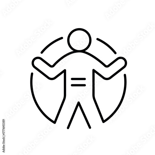 A line icon of a person holding equality sign in a shield, symbolizing anti-discrimination, protection and justice