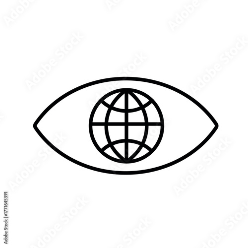 A line icon of an eye containing a globe, symbolizing global cultural awareness, perception and understanding