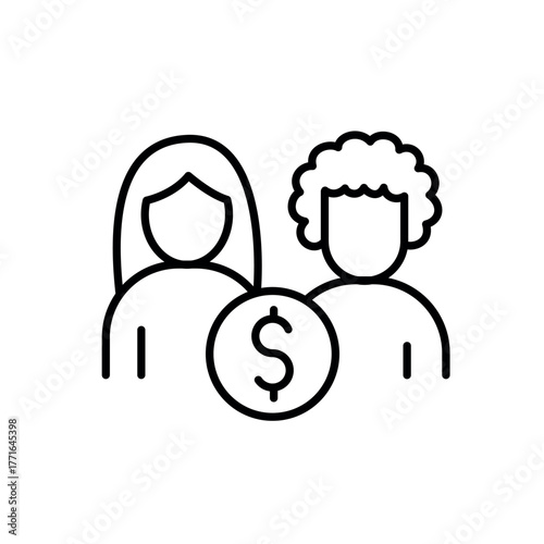 A line icon of two people with gender symbols and money sign, illustrating pay equity and gender pay gap issues