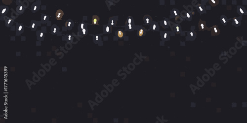 String of warm glowing lights against a dark textured background with subtle square patterns