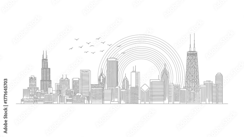 Naklejka premium Chicago Cityscape: An elegant line drawing captures the essence of the Chicago skyline, featuring iconic skyscrapers set against a symbolic sun, offering a sleek, architectural representation.