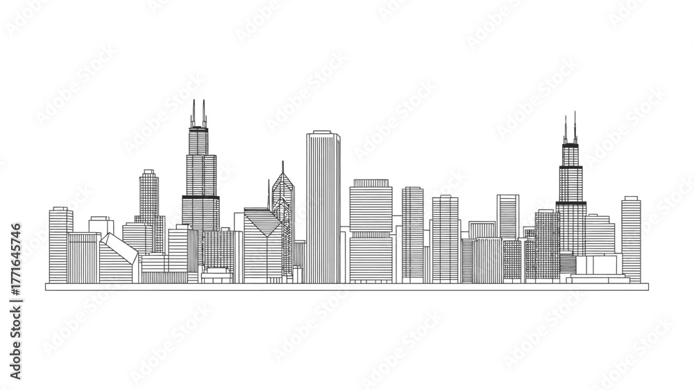 Obraz premium Chicago Cityscape Skyline: A striking line art rendering of the iconic Chicago skyline, with skyscrapers and architectural wonders standing tall.