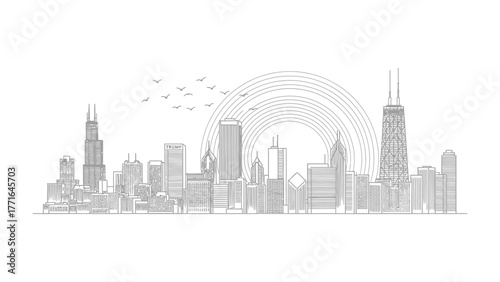 Chicago Cityscape: An elegant line drawing captures the essence of the Chicago skyline, featuring iconic skyscrapers set against a symbolic sun, offering a sleek, architectural representation.