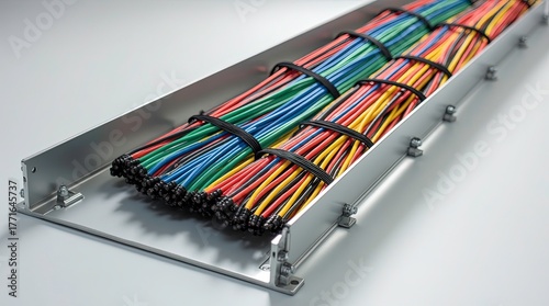 A neatly organized bundle of colorful electrical cables secured with black ties inside a metallic cable tray.