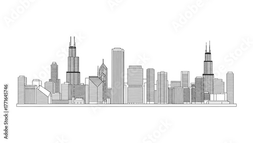 Chicago Cityscape Skyline: A striking line art rendering of the iconic Chicago skyline, with skyscrapers and architectural wonders standing tall.