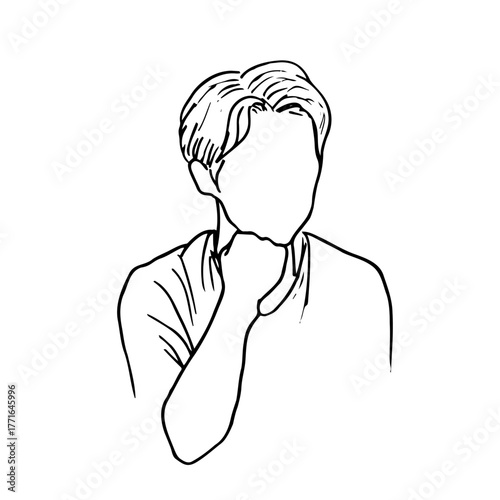 Portrait of a faceless man holding his chin in his hand - hand-drawn line art