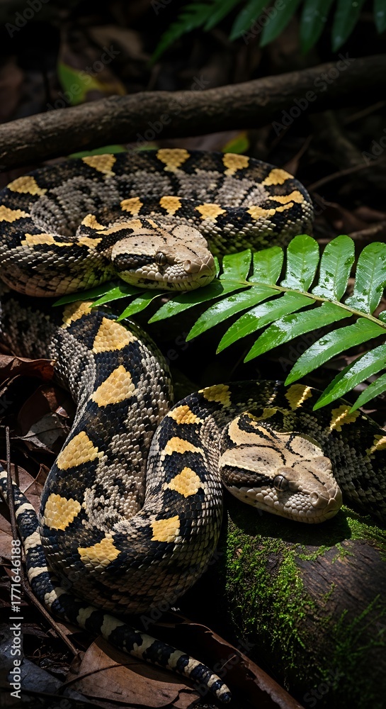 Naklejka premium Close up of coiled snakes with striking patterns and textures in natural setting